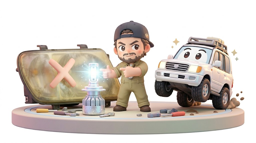 ランクル100ヘッドライト黄ばみ【警告】磨きは無駄！交換とLED化の正解